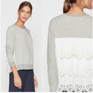 JOIE Devra White Eyelet Lace Layered Back Heathered Gray Sweatshirt Large NWT